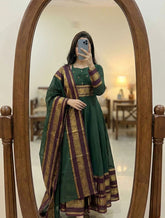 Rooprangi Women's Premium Pattu Cotton Anarkali Kurta Set with Handwork & Jacquard Zari Border Dupatta | Emerald Green