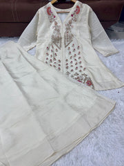 Rooprangi Women's Premium Silk Embroidered Festive Co-Ord Set with Palazzo | Ivory White