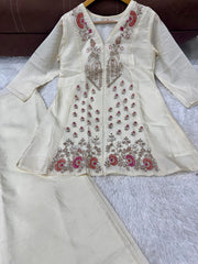 Rooprangi Women's Premium Silk Embroidered Festive Co-Ord Set with Palazzo | Ivory White