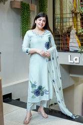 Mint Green Pure Lilan Suit Set with Neck Handwork & Floral Motifs