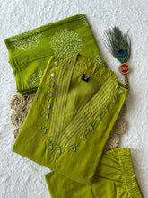 Parrot Green Pure Cotton Suit Set with Real Mirror Hand Work & Block Print Dupatta