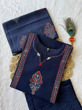 Navy Blue Pure Cotton Hand Block Printed Suit Set with Real Mirror Hand Work