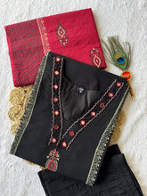 Black Pure Cotton Hand Block Printed Suit Set with Real Mirror Hand Work & Red Mul Dupatta