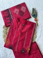 Cherry Red Pure Cotton Suit Set with Real Mirror Hand Work & Block Print Mul Dupatta