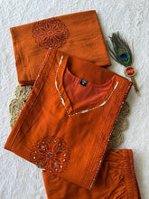 Rust Orange Pure Cotton Suit Set with Real Mirror Hand Work & Mandala Block Print Mul Dupatta