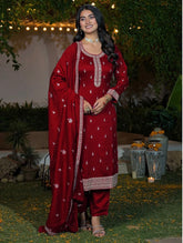 Elegant Wine Red Vichhitra Silk Embroidered Suit Set