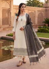 Premium Pure Khadi Cotton Kurti Pant Dupatta Set with Hand Block Print & Real Mirror Work
