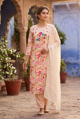 Premium Pure Linen Cotton Kurti Pant Dupatta Set with Digital Print & Hand Thread Work