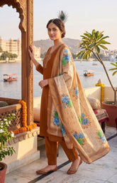 Premium Mul Chanderi Kurti Pant Dupatta Set with Hand Work & Lichi Silk Jacquard Dupatta