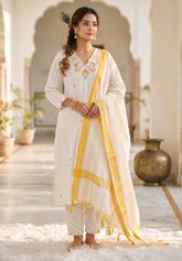 Premium White Khadi Cotton Embroidered Kurti Pant Dupatta Set with Tussle Dupatta