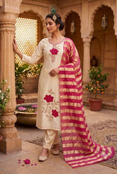 Premium Cream Roman Silk Kurti Pant Set with Zari Organza Dupatta