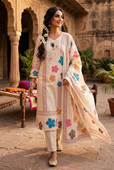 Premium Cream Khadi Cotton Floral Printed Kurti Pant Dupatta Set with Hand Work