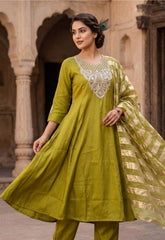 Premium Parrot Green Roman Silk Kurti Pant Set with Beads Embroidery & Organza Zari Dupatta
