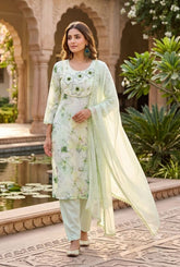 Premium Pista Linen Cotton Floral Printed Kurti Pant Set with Nazmin Dupatta
