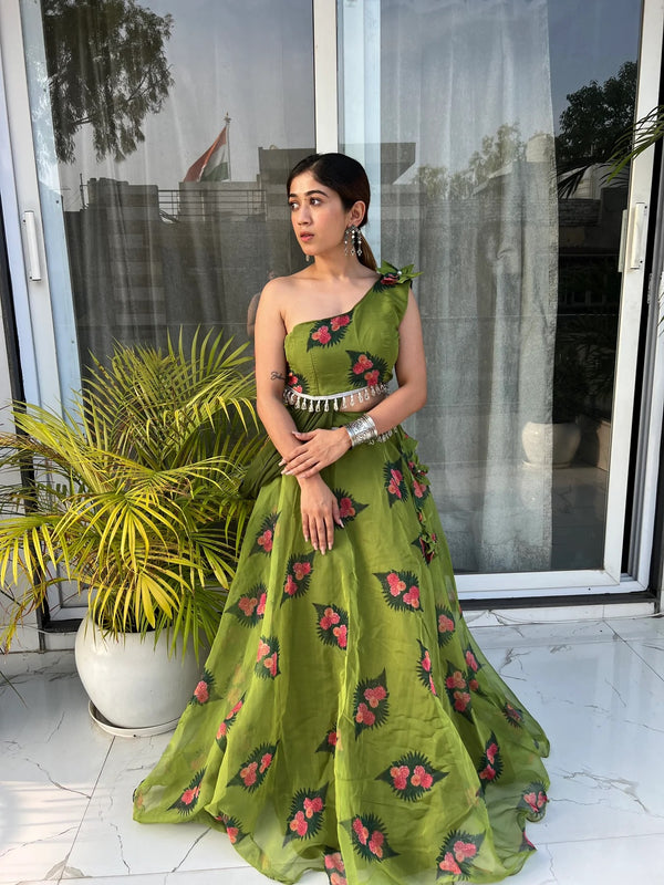 Olive Green Jimmy Organza Floral Lehenga Choli Set with Attached Dupatta