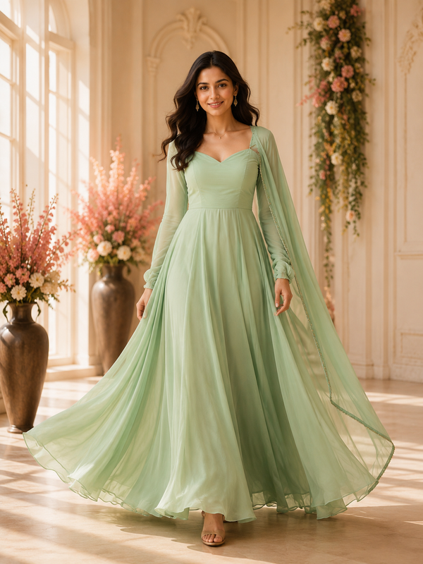 Georgette Anarkali Suit Set with Mirror Lace Dupatta – Wine, Mint Green & Lavender
