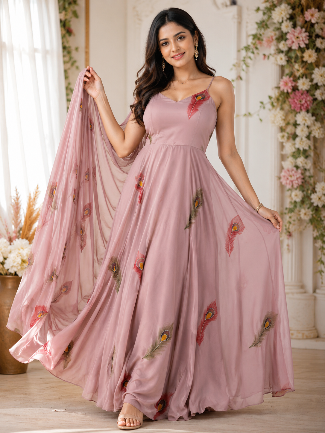 Blush Pink Handpainted Georgette Anarkali Gowns Suit Set with Dupatta