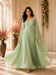 Georgette Anarkali Suit Set with Mirror Lace Dupatta – Wine, Mint Green & Lavender