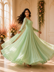 Georgette Anarkali Suit Set with Mirror Lace Dupatta – Wine, Mint Green & Lavender