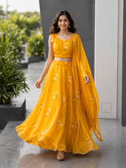 Mustard Yellow Jimmy Organza Silk Digital Printed Lehenga Set with Matching Dupatta