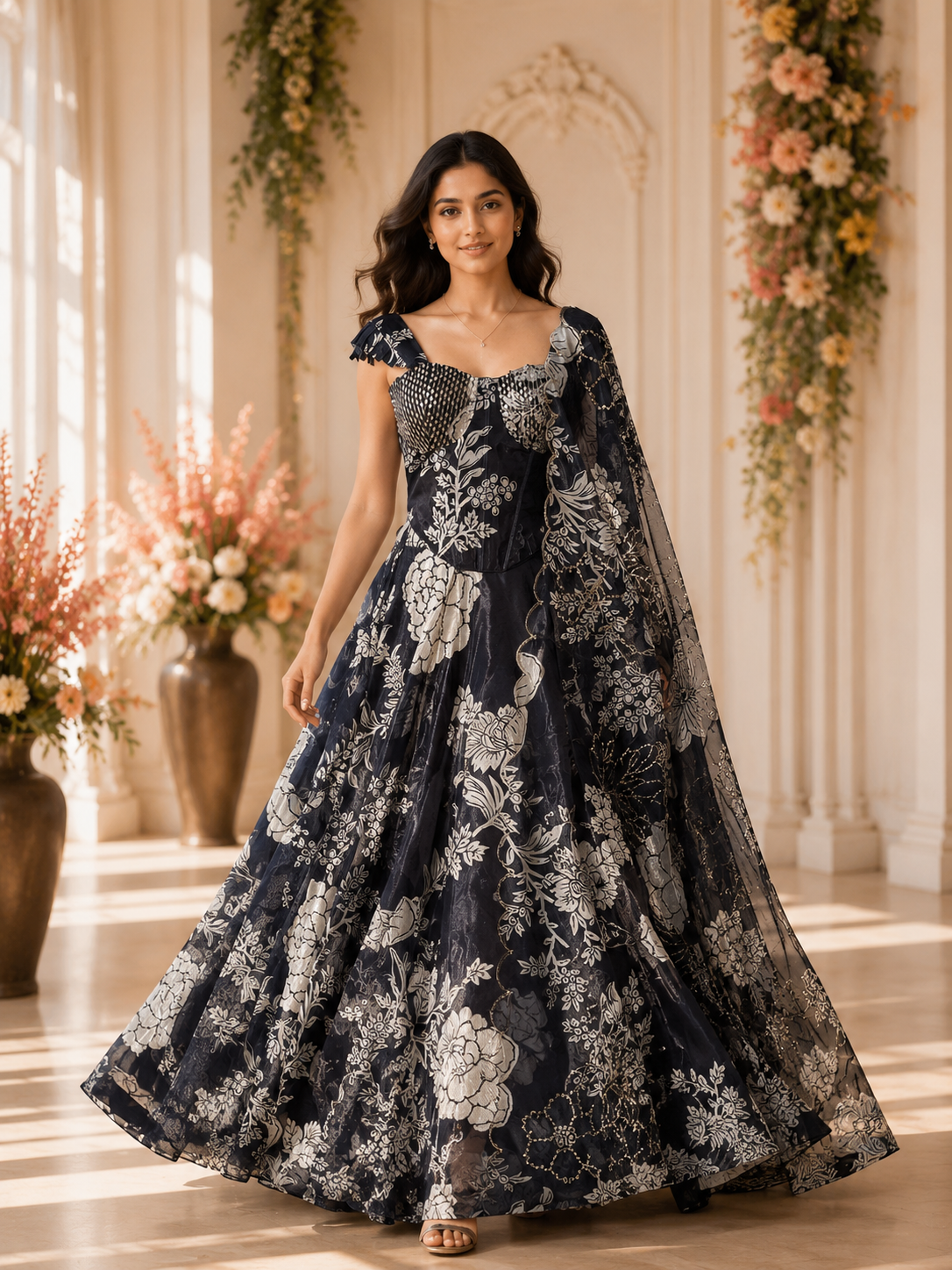 Black & White Floral Printed Designer Lehenga Choli Set with Organza Dupatta