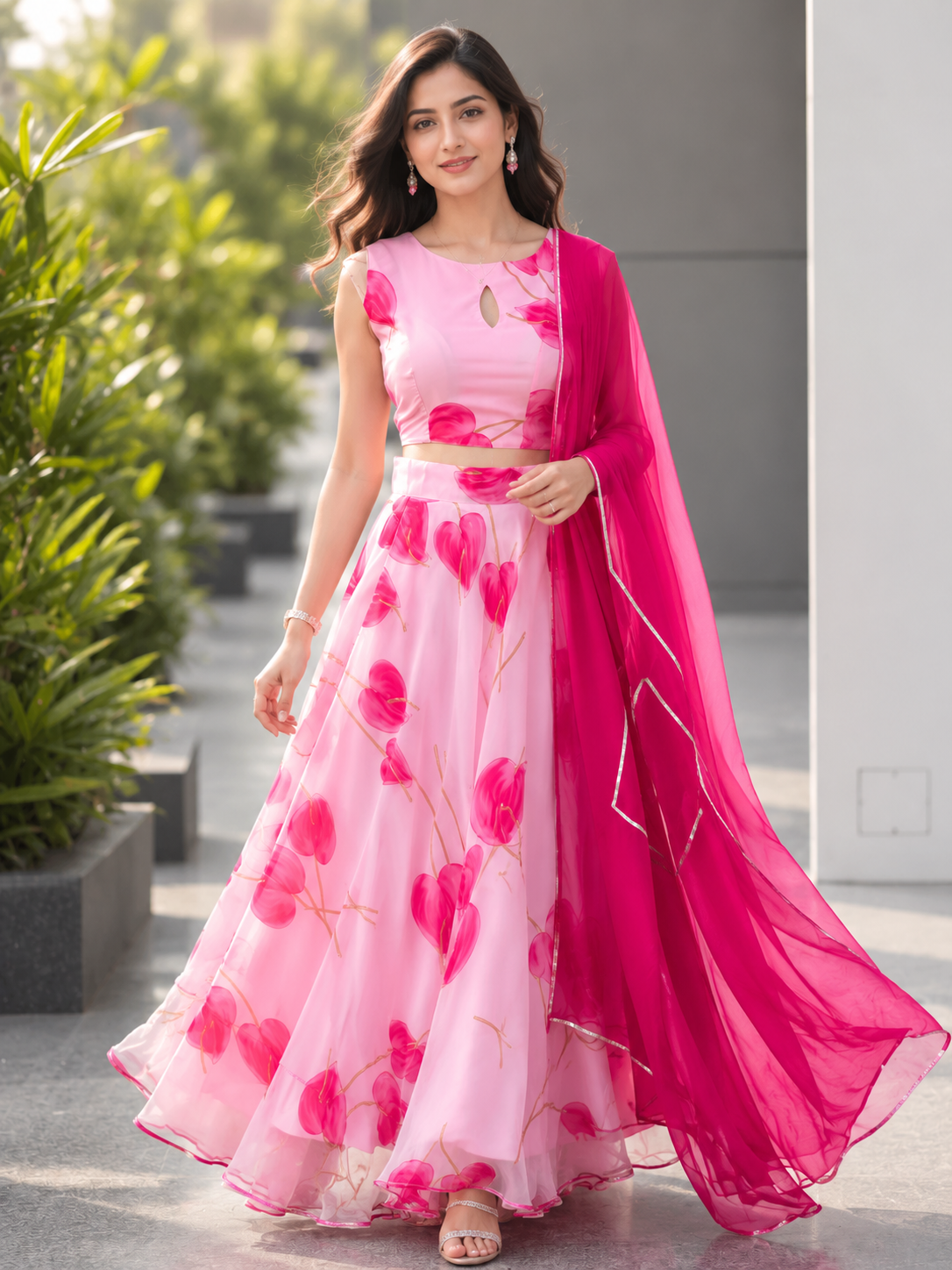 Pink Floral Jimmy Organza Silk Digital Printed Lehenga Set with Fox Georgette Dupatta