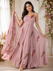Blush Pink Handpainted Georgette Anarkali Gowns Suit Set with Dupatta