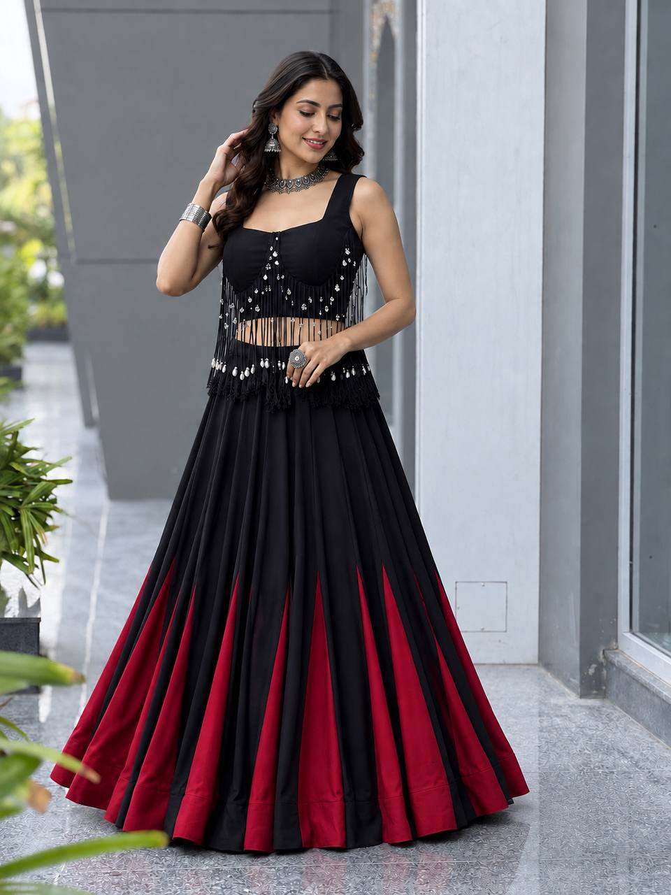 Modern Black Cotton Navratri Lehenga Choli with Designer Charm Blouse