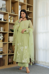 Rooprangi Women's Premium Chanderi Silk Embroidered Kurta Pant Set with Embroidered Chanderi Dupatta | Lavender & Pistachio Green