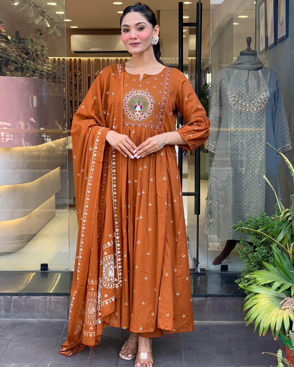 Rust orange & Rani Pink Cotton Khadi Print Embroidered Anarkali Kurta Pant Set with Cotton Khadi Print Dupatta