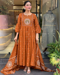 Rust orange & Rani Pink Cotton Khadi Print Embroidered Anarkali Kurta Pant Set with Cotton Khadi Print Dupatta