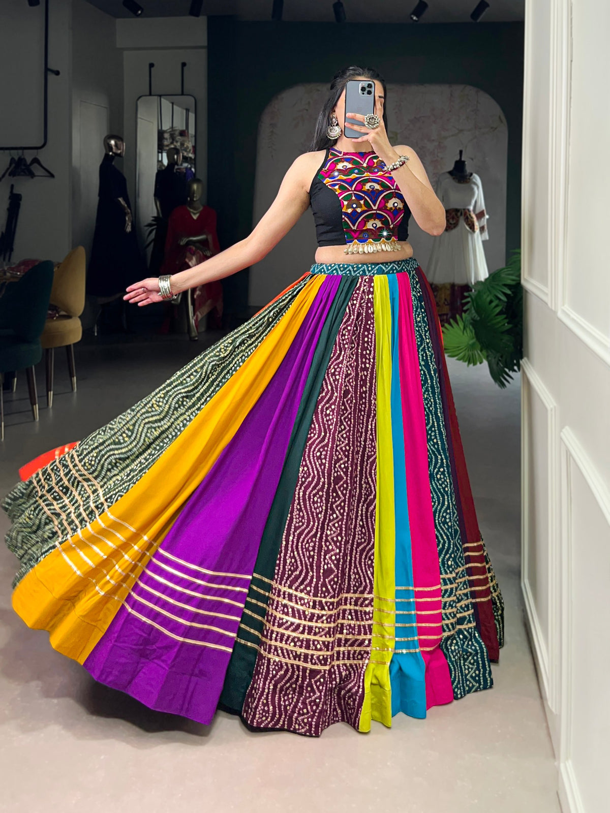Multicolor Pure Rayon Navratri Lehenga Choli with Mirror Work & Cowrie Lace Blouse