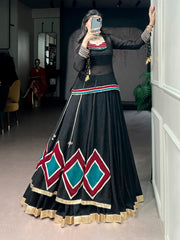 Classic Black Marble Navratri Lehenga Choli Set with Sheer Tunic & Cowrie Bell Detailing