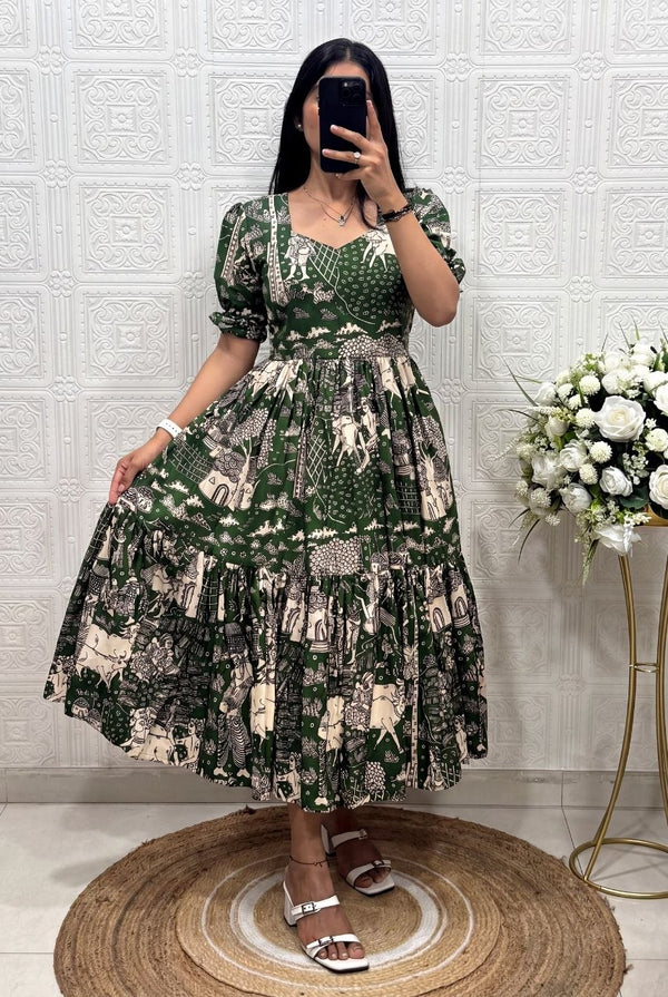 Printed Muslin Cotton Tiered Midi Dress with Puff Sleeves