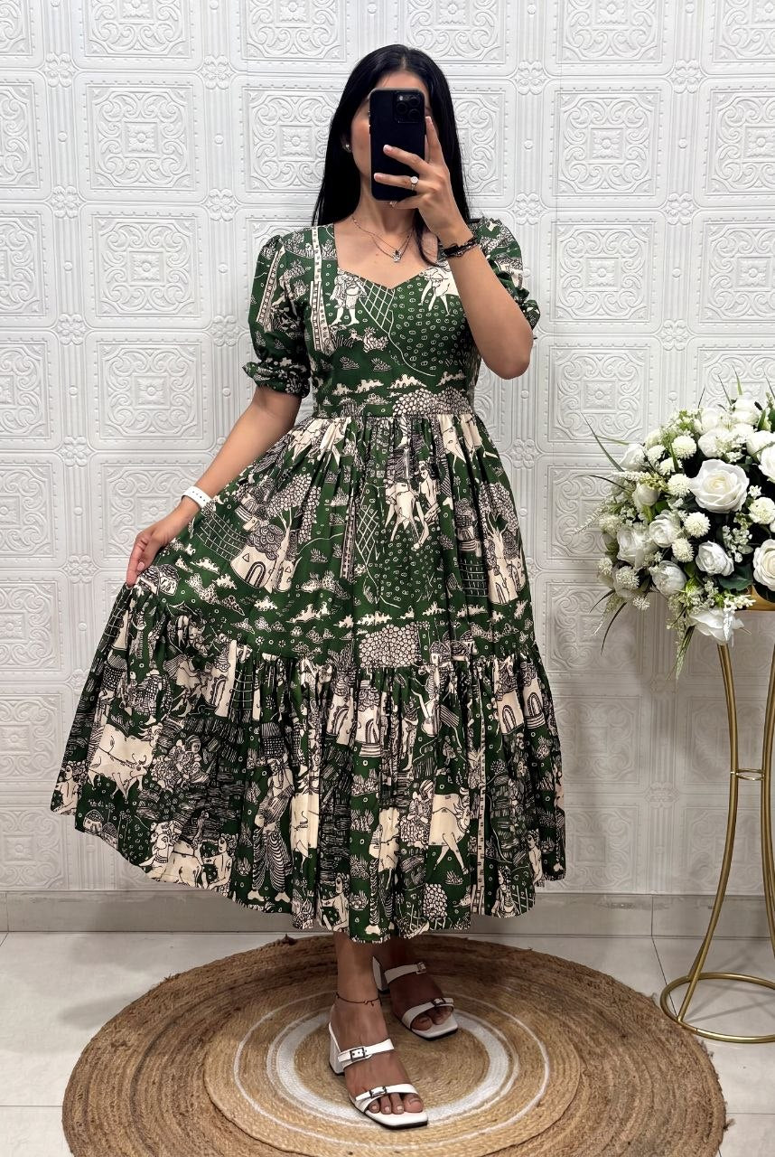 Printed Muslin Cotton Tiered Midi Dress with Puff Sleeves