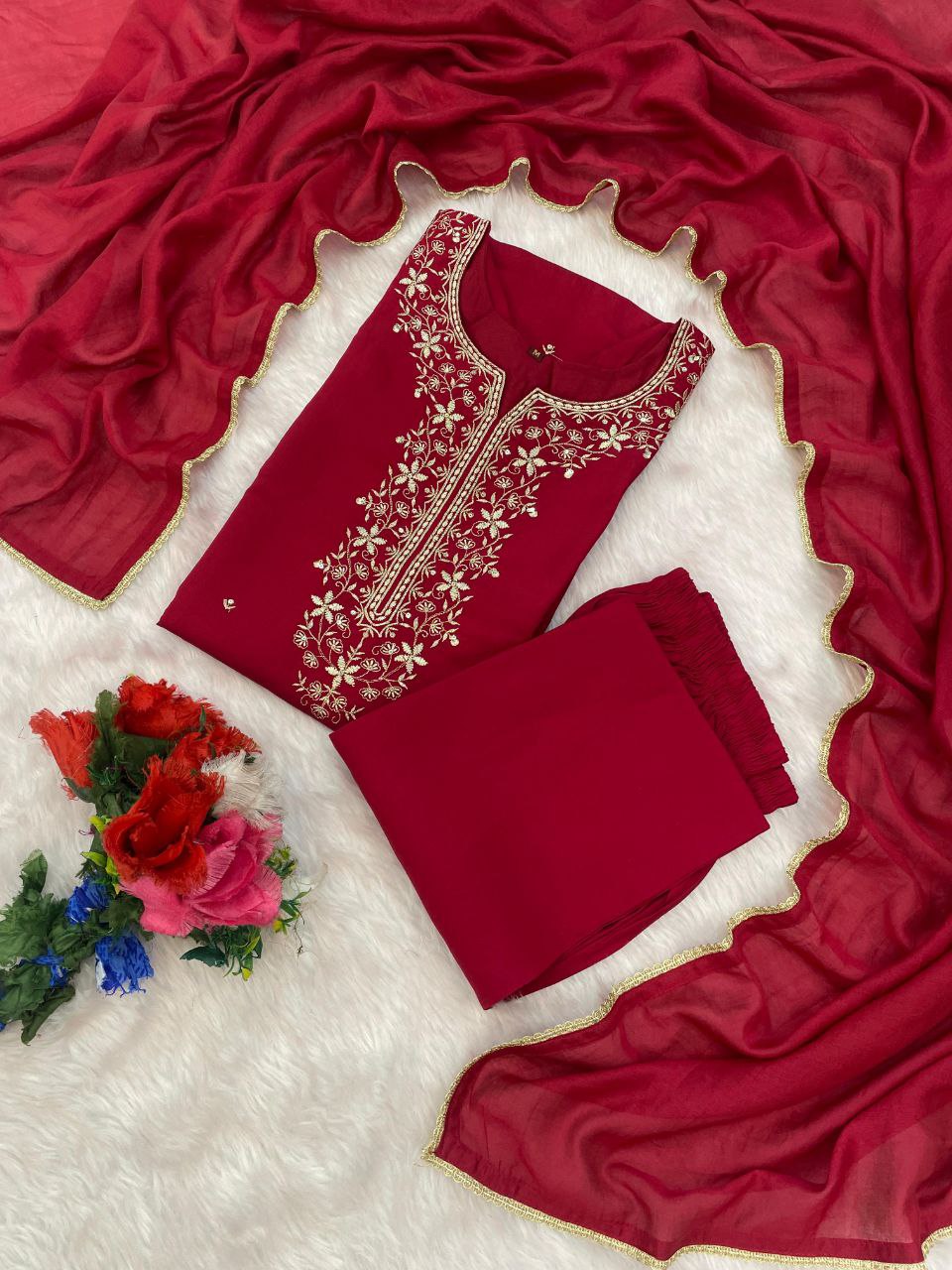 Premium Roman Silk Embroidered Suit Set with Chanderi Silk Dupatta | Designer Ethnic Wear for Women