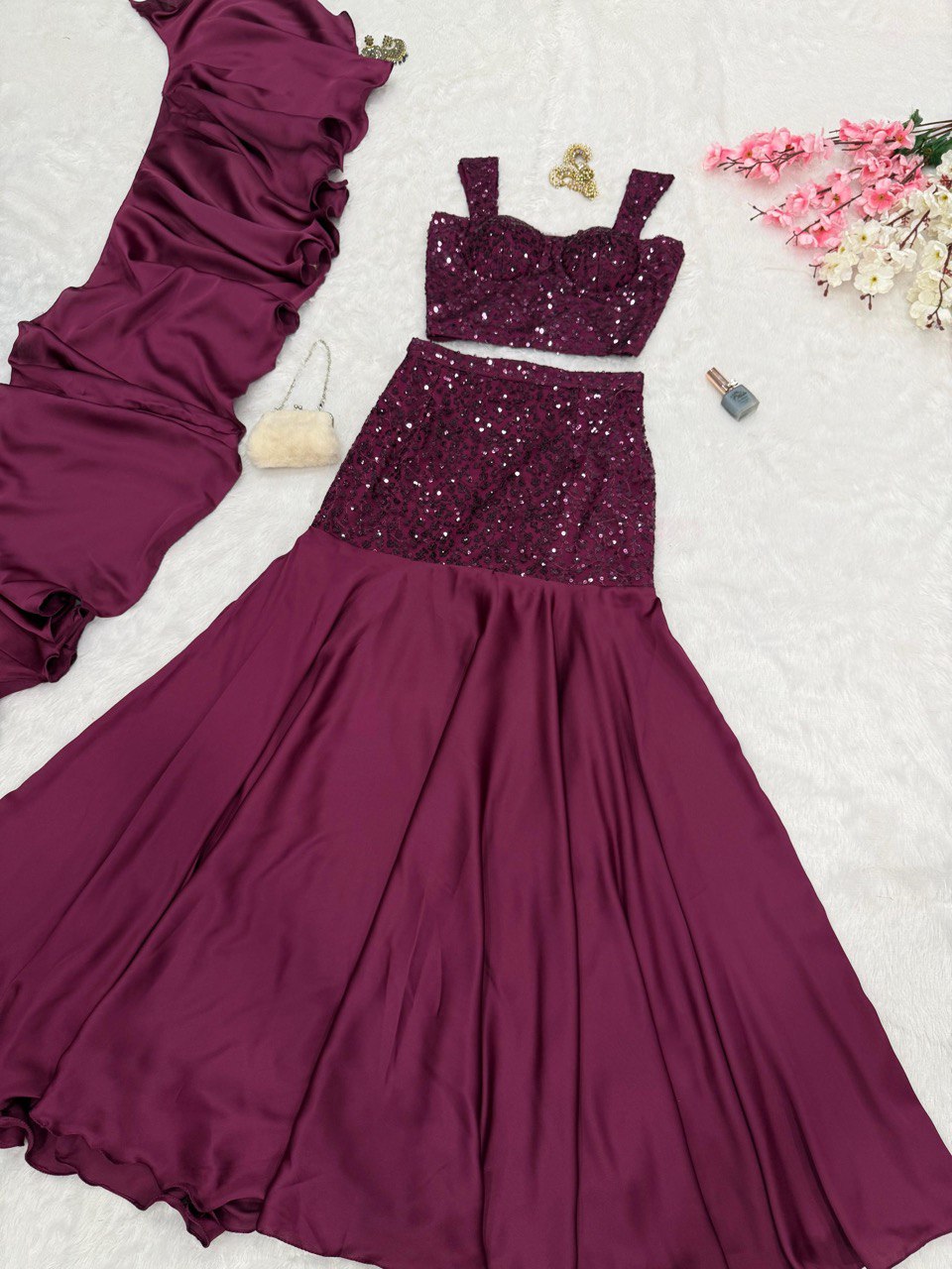 Purple Sequin Embroidered Net Lehenga Skirt Set with Padded Blouse & Crepe Dupatta