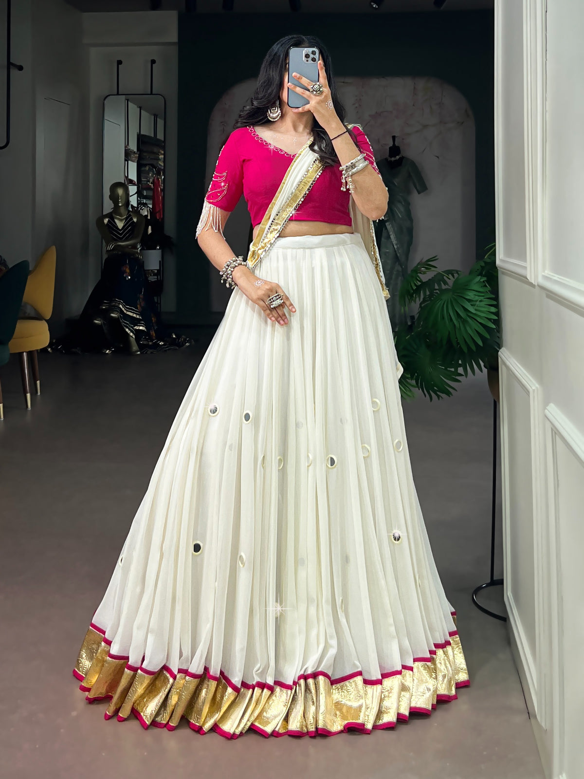 RoopRangi Women's Premium Mirror Work Lehenga Choli Set with Dupatta | White & Rani Pink