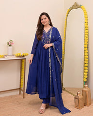 Wine, Sapphire Blue & Ivory White Chanderi Silk Embroidered Anarkali Kurta Pant Set with Embroidered Chanderi Dupatta