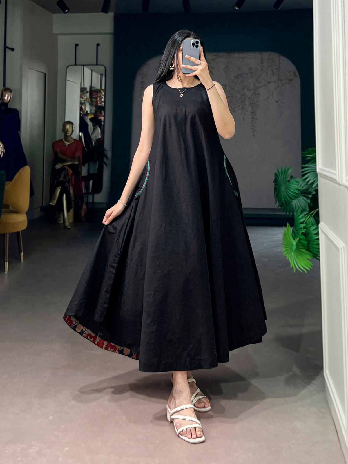 Women's Premium Black Khadi Cotton A-Line Midi Dress with Pocket | Casual & Everyday Wear