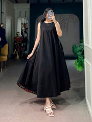 Women's Premium Black Khadi Cotton A-Line Midi Dress with Pocket | Casual & Everyday Wear