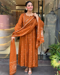 Rust orange & Rani Pink Cotton Khadi Print Embroidered Anarkali Kurta Pant Set with Cotton Khadi Print Dupatta