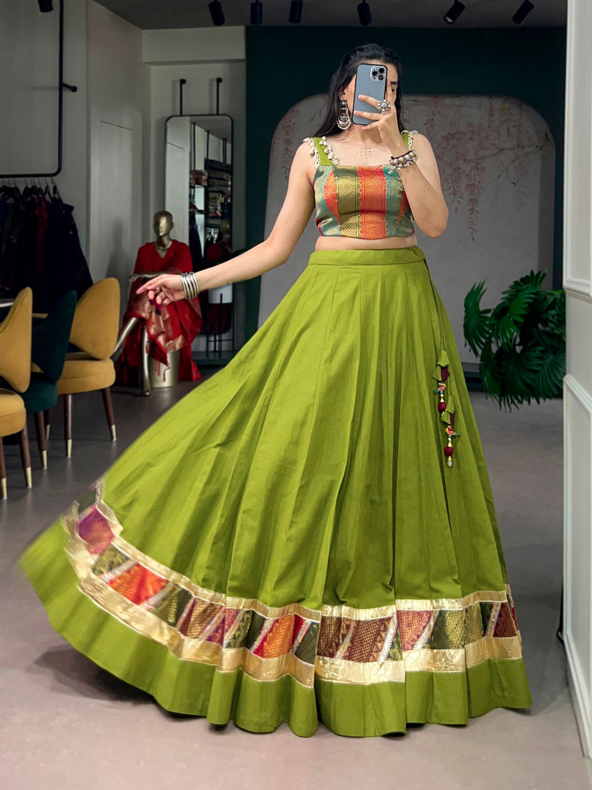 Olive Green Cotton Navratri Lehenga Choli with Zari Weaving & Cowrie Lace Blouse