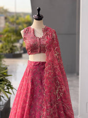Rose Pink Jimmy Organza Digital Printed Lehenga Set with Sequins Blouse & Designer Batwa