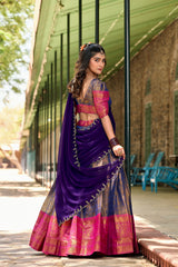 Purple Kanjivaram Lehenga Choli Set with Zari Weaving & Sequins Embroidered Dupatta | Designer Wedding & Festive Lehenga for Women