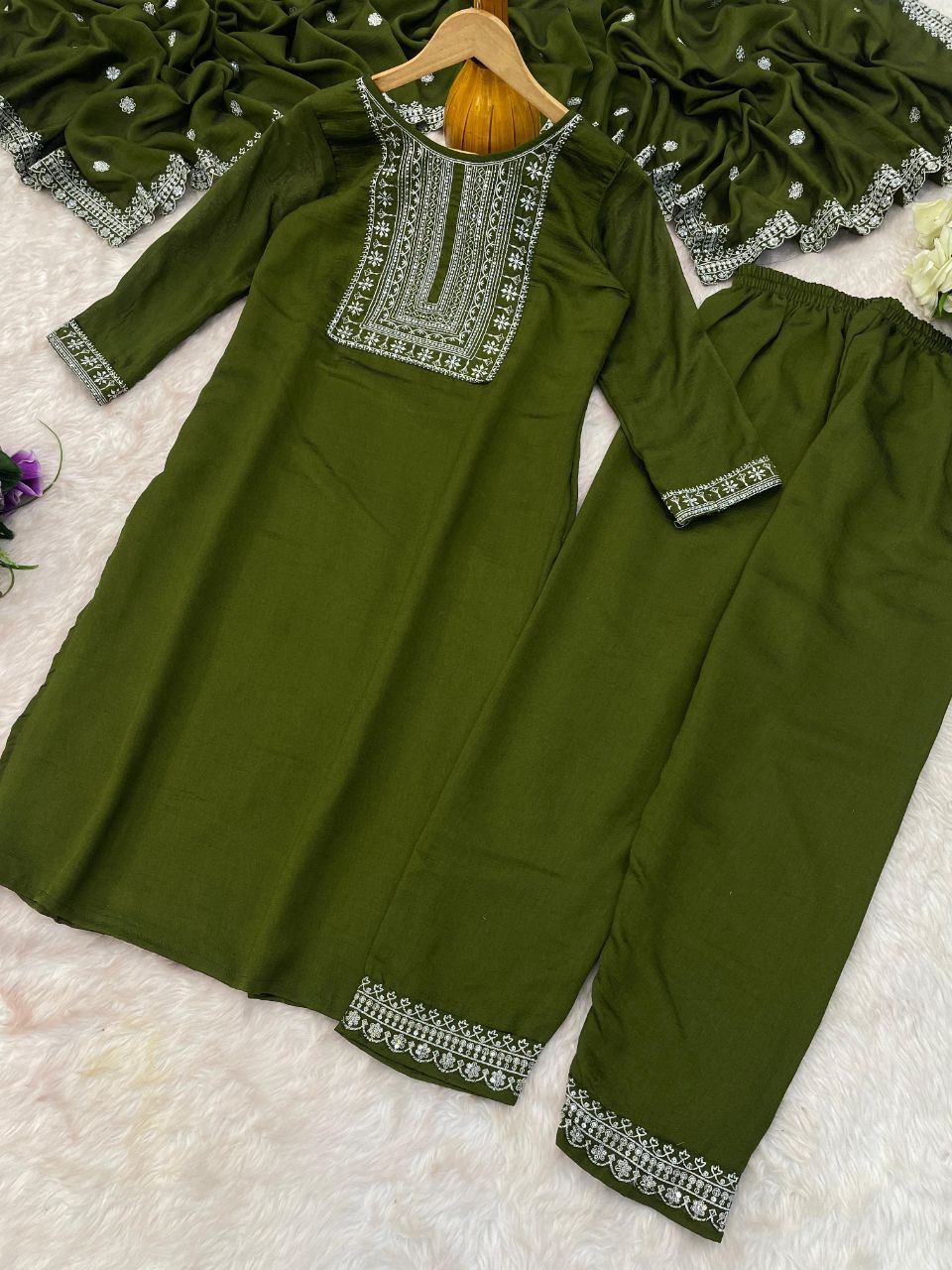 Vichhitra Silk Embroidered Suit Set with Embroidered Dupatta | Designer Ethnic Wear for Women