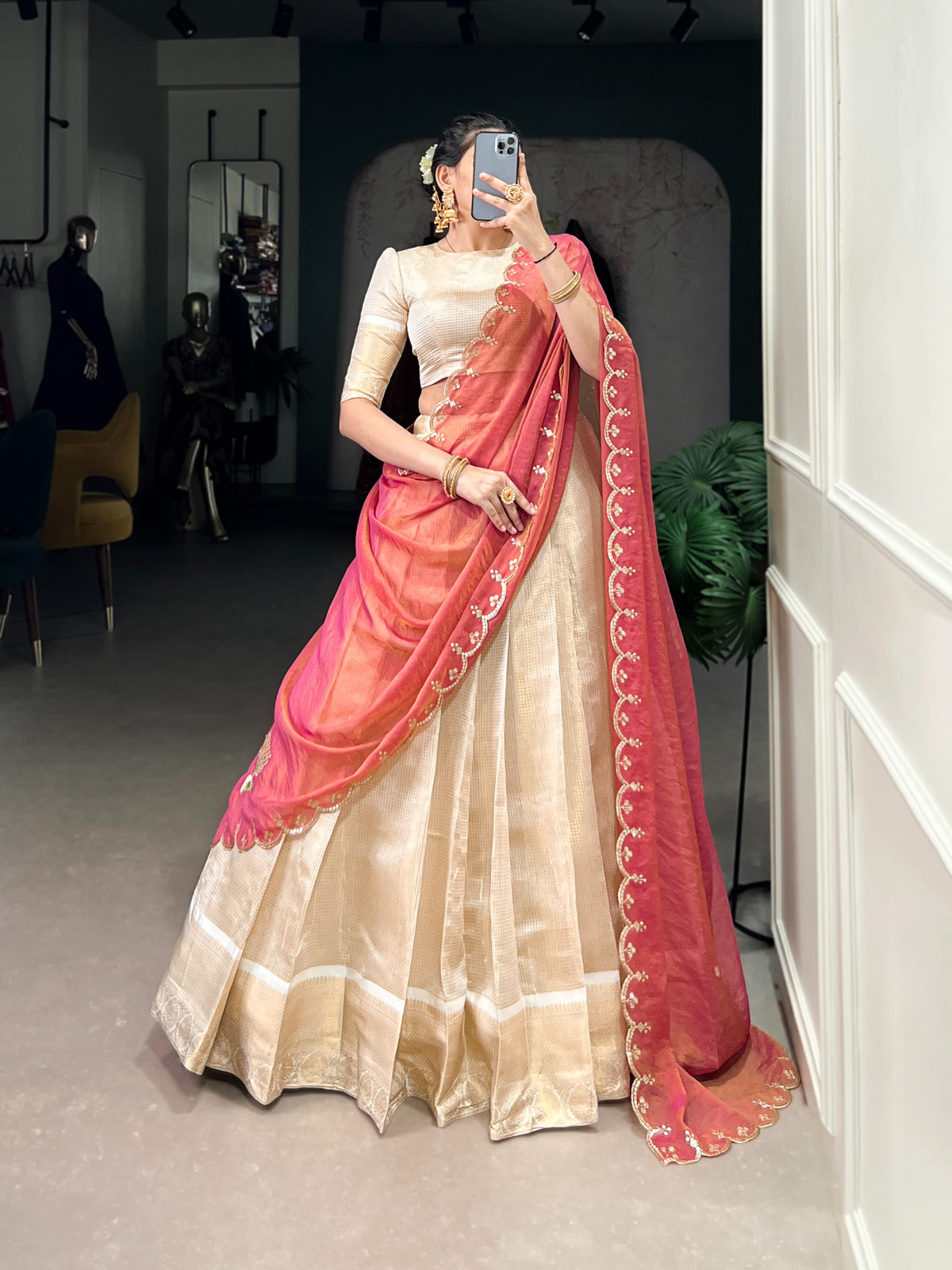 Cream Jacquard Chex Zari Weaving Lehenga with Embroidered Zari Shimmer Dupatta | Traditional Festive & Onam Wear Lehenga for Women