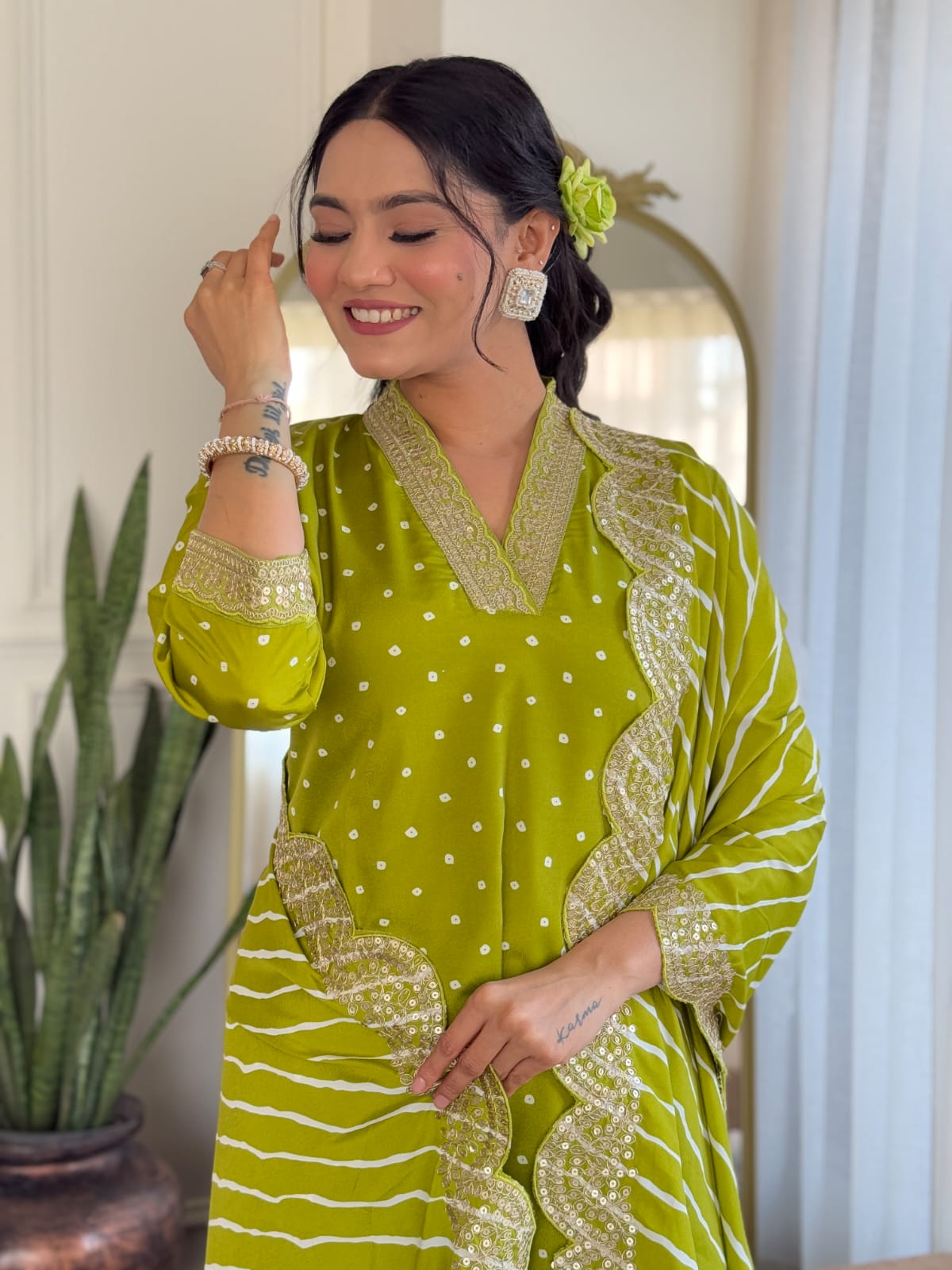 Red & Lime Green Viscose Bandhani Print Embroidered Kurta Pant Set with Muslin Dupatta