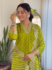 Red & Lime Green Viscose Bandhani Print Embroidered Kurta Pant Set with Muslin Dupatta