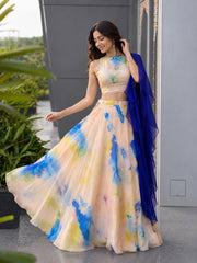 Pastel Digital Print Jimmy Organza Lehenga Choli Set with Stone Work & Georgette Dupatta